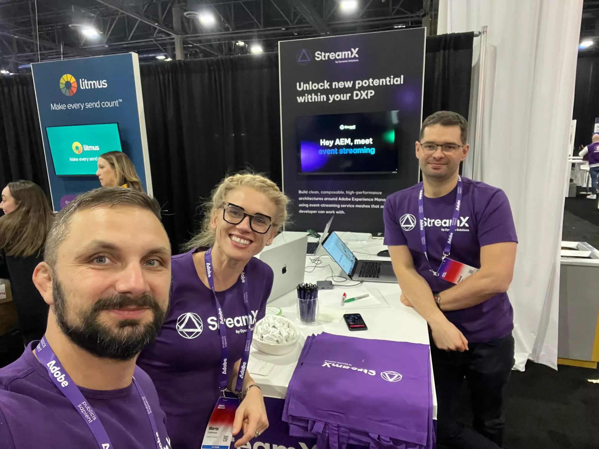 Michał Cukierman, Marta Cukierman and Paweł Boguski at StreamX booth